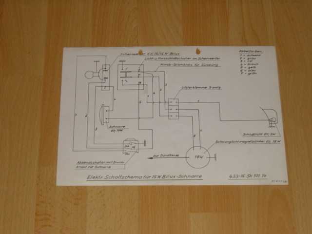 Electrisch schema 433 6V/29 Watt 25 Watt Bilux + Schnarre