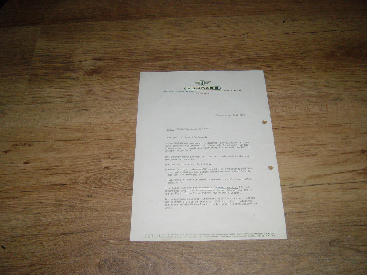 Brief Zündapp-Wandkalender 1982