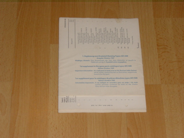Ersatzteil-Katalog 440/441 Grüne ordner Erganzung 1 10-1969 Neu!