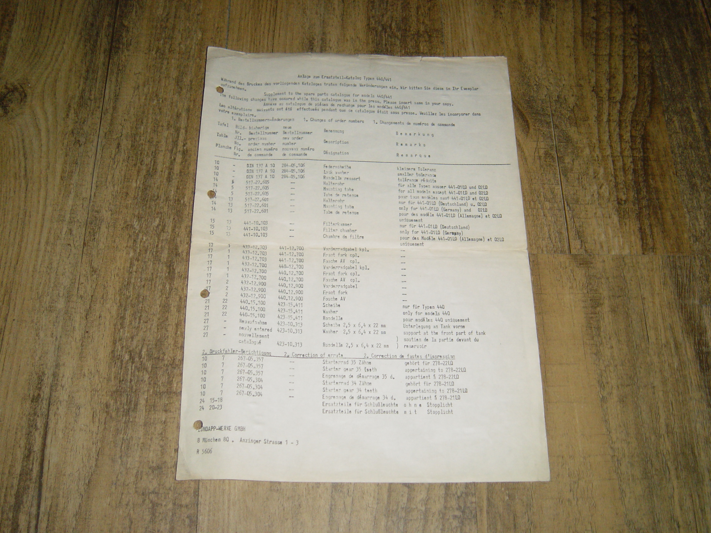 Parts Catalog 440/441 Green book supplement