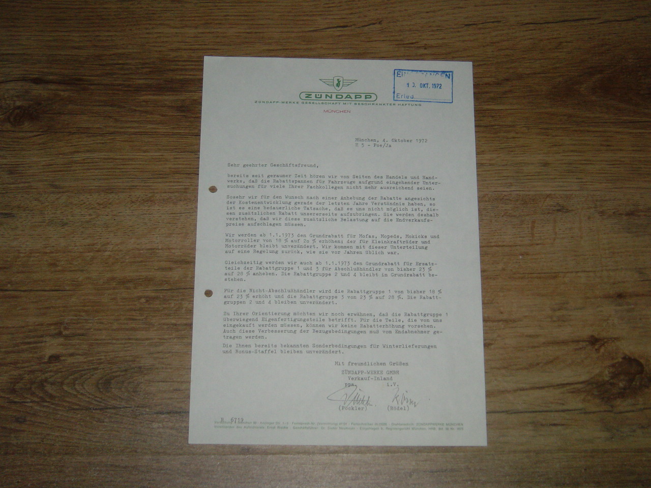 Brief Zündapp Rabatte 1972