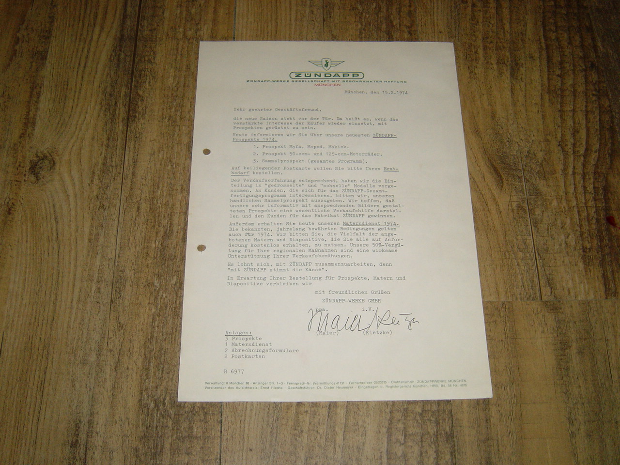 Brief Zündapp Prospekte 1974