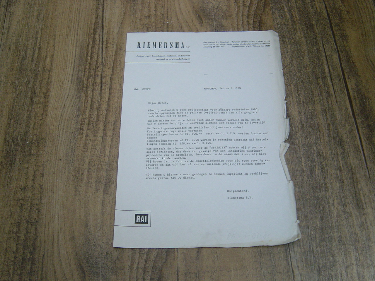 NL Brief Riemersma Prijslijst 1980