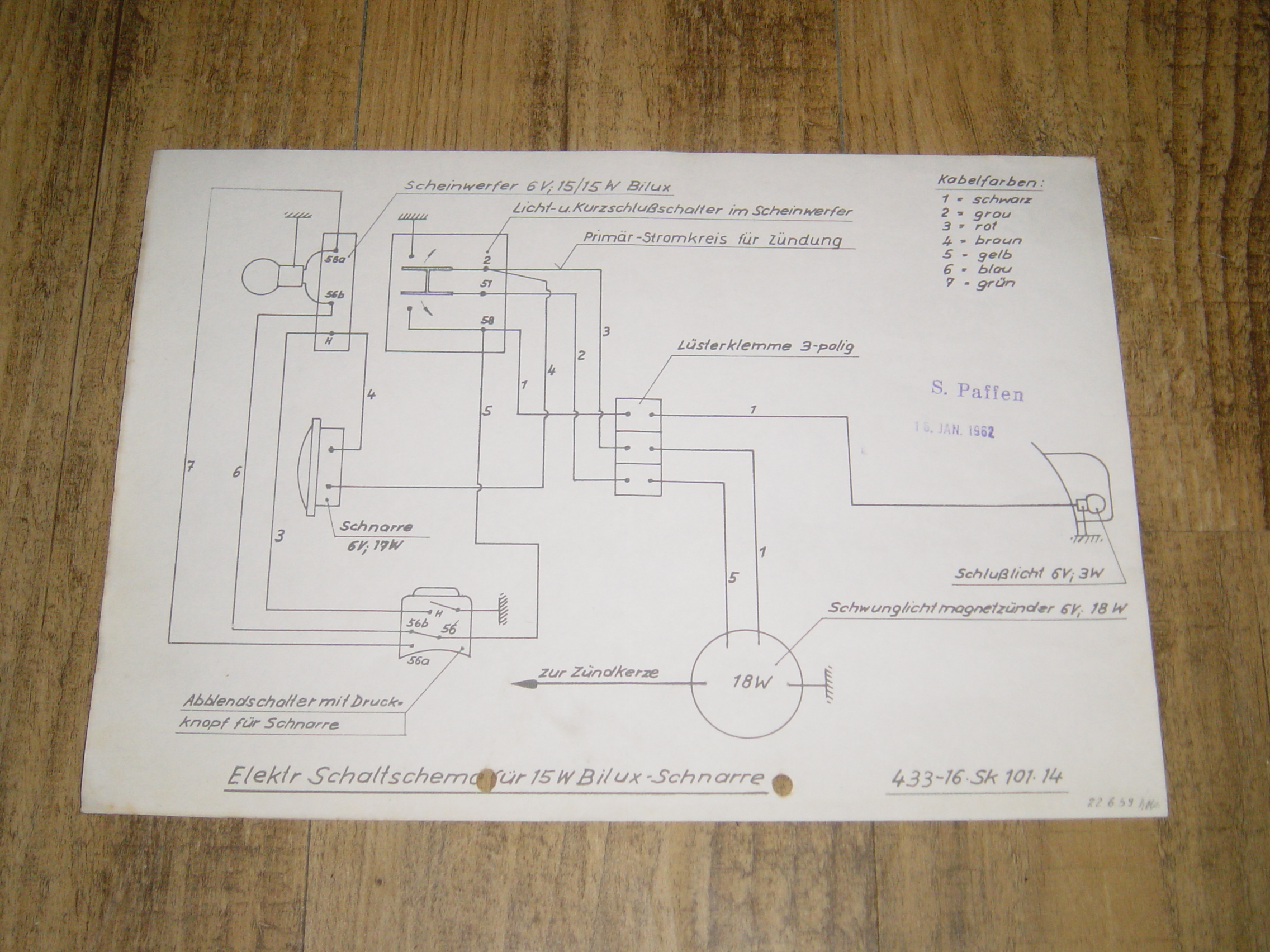 Electrisch schema 433 6V/18 Watt 15 Watt Bilux + Schnarre