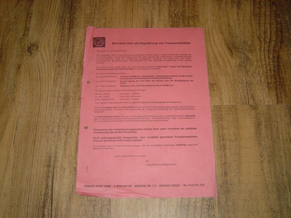 Brief Merkblatt über die regulierung von Transportschäden