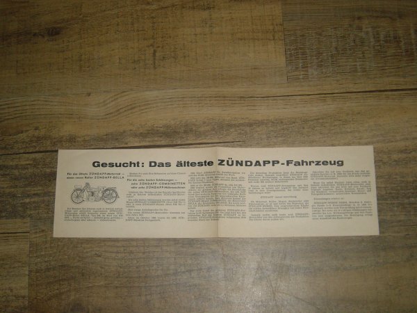 Reklame folder D - Gesucht : Das älteste Zündapp-Fahrzeug