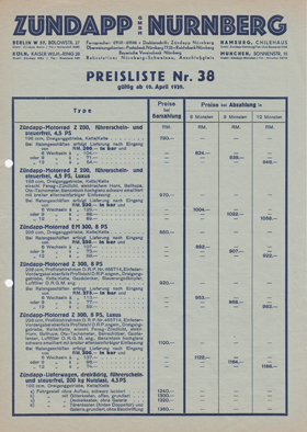Fahrzeug Preisliste Nr. 38 10-4-1929