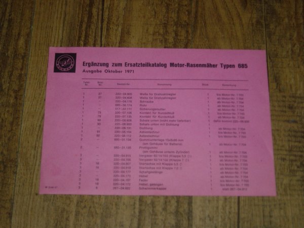Onderdelen catalogus 685 grasmaaier 1971-10 Aanvulling