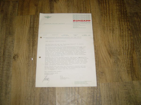 Brief Zündapp Bauartbedingte Höchtstgeschwindigkeit des typs 448-15