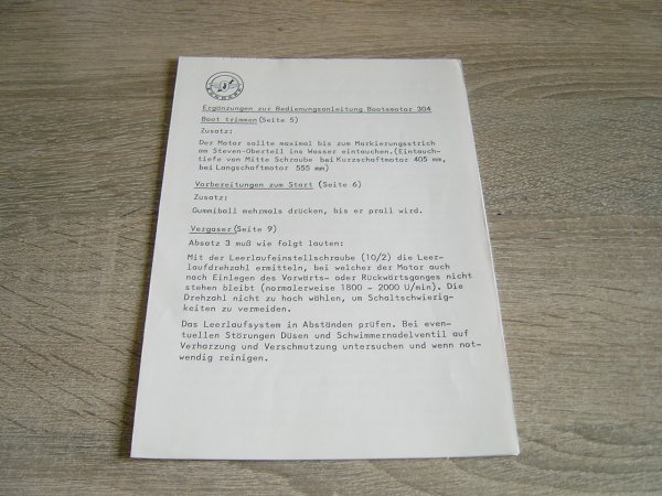 Instructieboekje D - 304 Buitenboordmotor 1975 Aanvulling